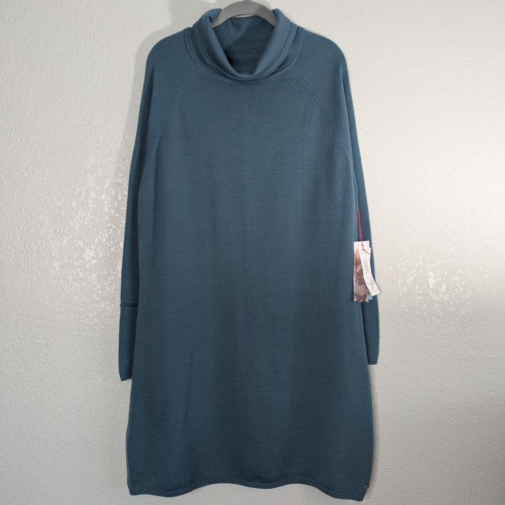 Carve Designs Teal Knit Long Sleeve Cowl Neck  Sweater Dress Merino Blend Sz L